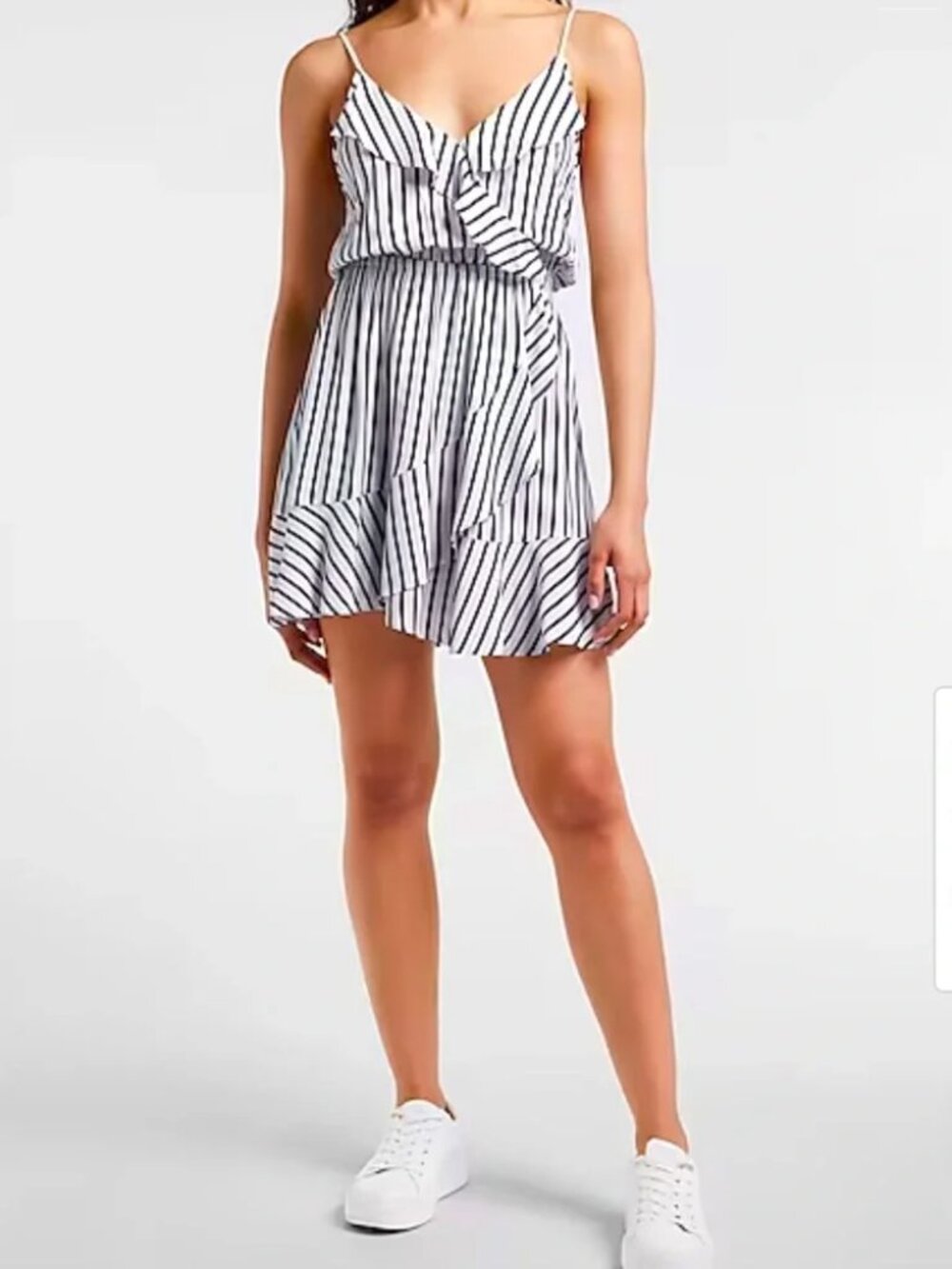Express | Navy White Striped Ruffle Wrap Rayon Sleeveless Mini Dress Small